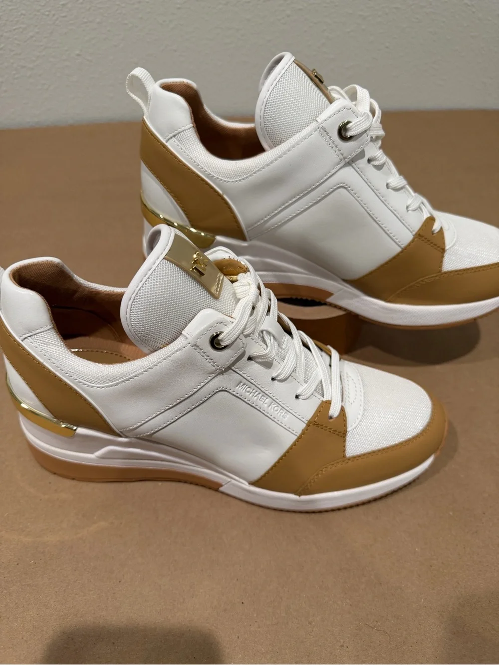 NEW! Michael Kors White and Camel Wedge Lace-Up Sneakers - Size 8
